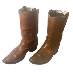 Acme Brown Leather Western Cowboy Boots Paisley Block Heel Men's 9 D Squared Toe